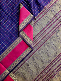 Vaidhehi – Navy Blue Vaira Oosi Pure Handloom Kanchi Cotton Saree with Pink Rettai Pet Border