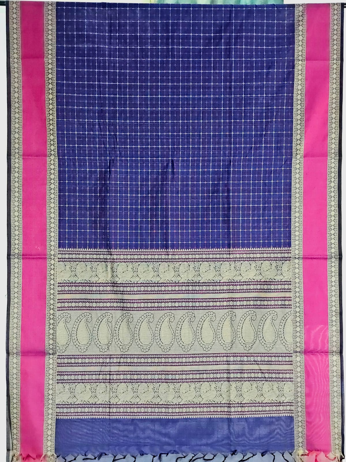 Vaidhehi – Navy Blue Vaira Oosi Pure Handloom Kanchi Cotton Saree with Pink Rettai Pet Border