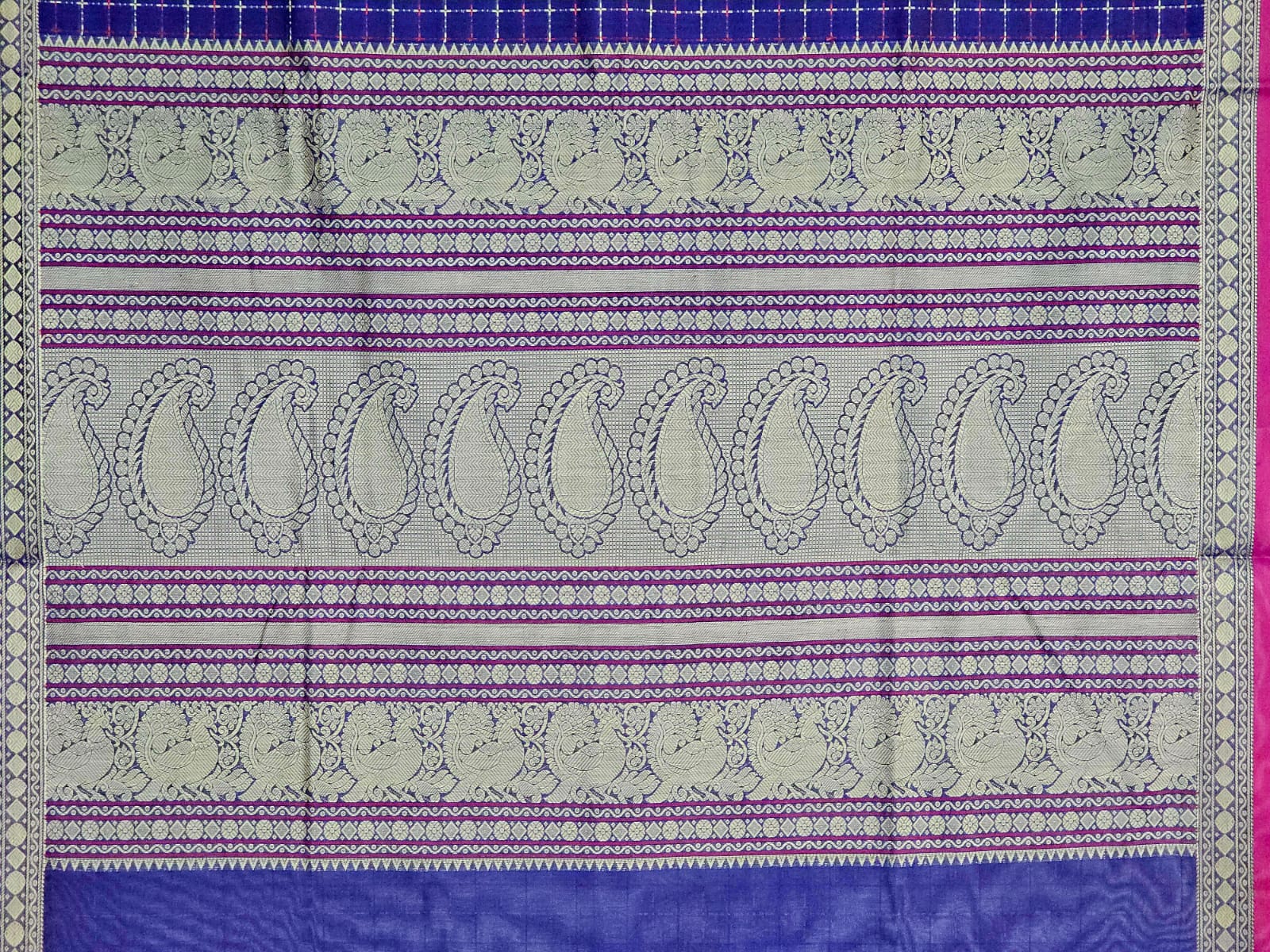 Pallu of Vaidhehi – Navy Blue Vaira Oosi Pure Handloom Kanchi Cotton Saree with Pink Rettai Pet Border