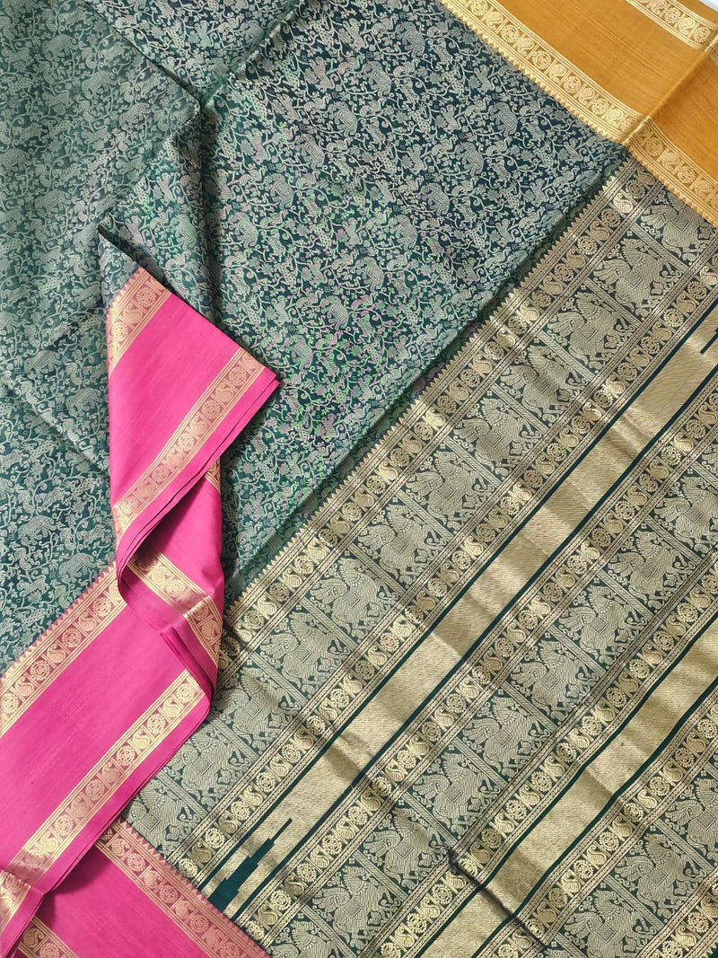 Vanadri – Dark Green Vanasingaram Handloom Kanchi Silk Cotton Saree with Ganga Jamuna Border