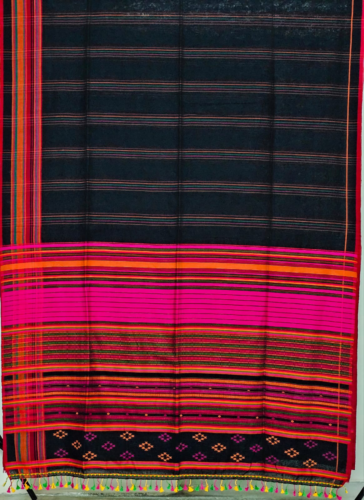 Varnika – Black Handloom Bengal Cotton Saree with Magenta and Orange Border