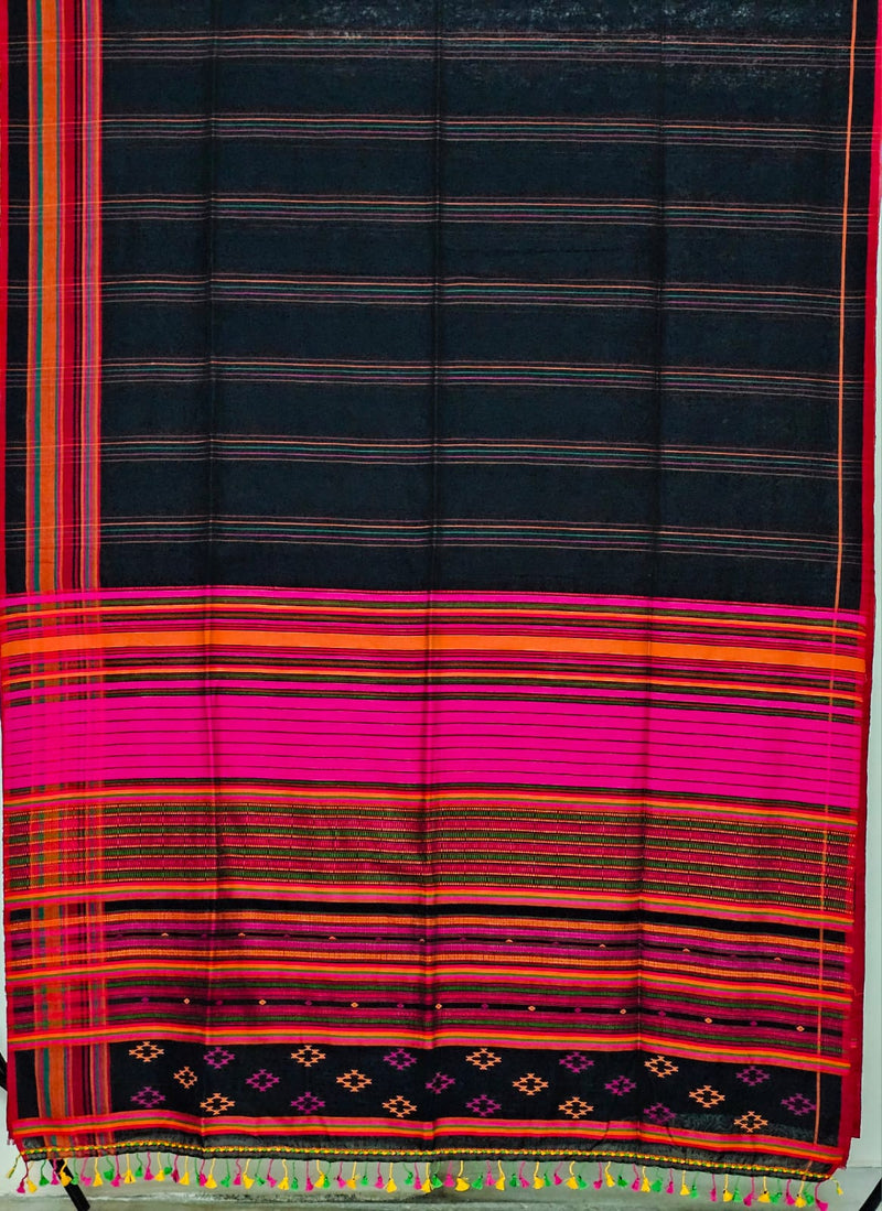Varnika – Black Handloom Bengal Cotton Saree with Magenta and Orange Border