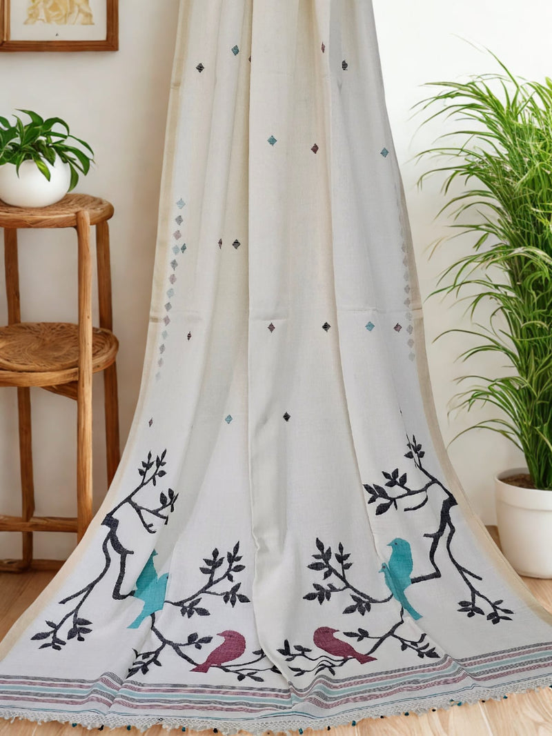 Vayuna – White Jamdhani Handloom Bengal Cotton Saree with Bird Motifs