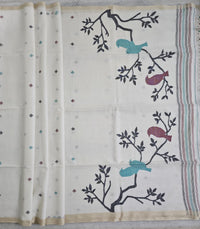Vayuna – White Jamdhani Handloom Bengal Cotton Saree with Bird Motifs