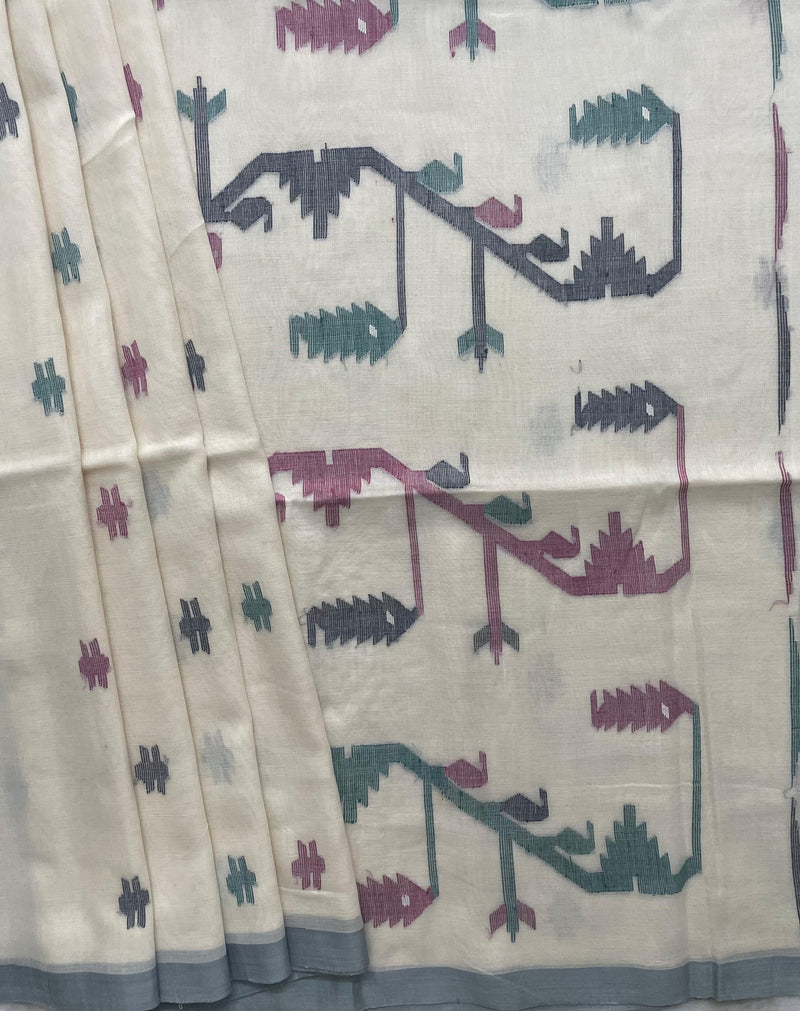 Off White Jamdani Bengal Cotton Saree with Grey Border and Contrast Motifs