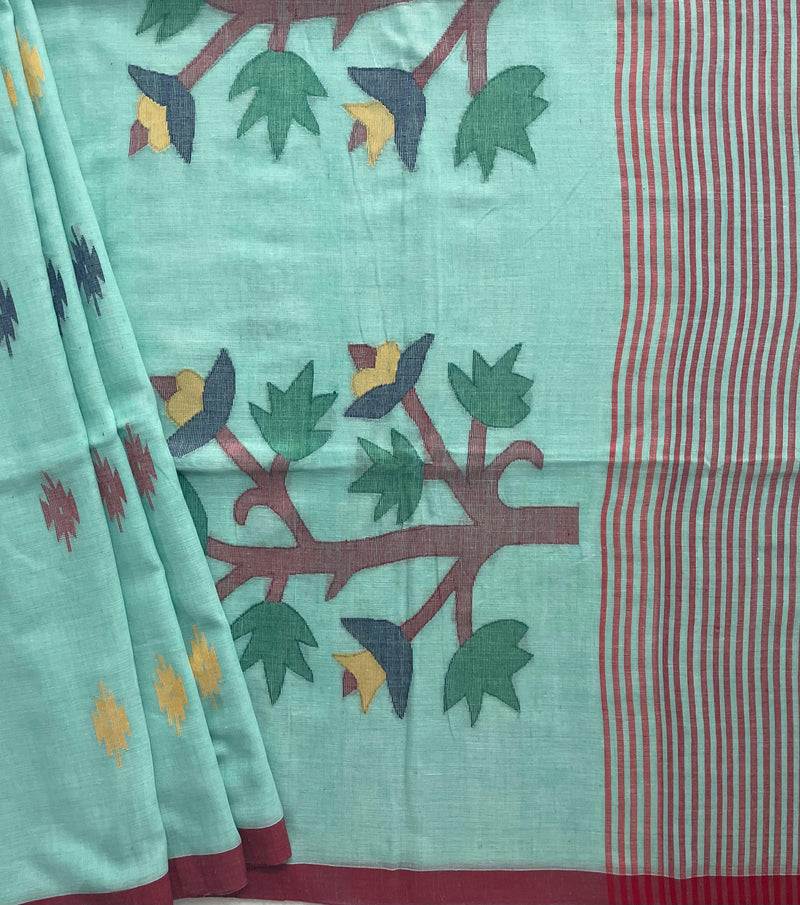 Turquoise Jamdani Bengal Cotton Saree with Red Border and Contrast Motifs