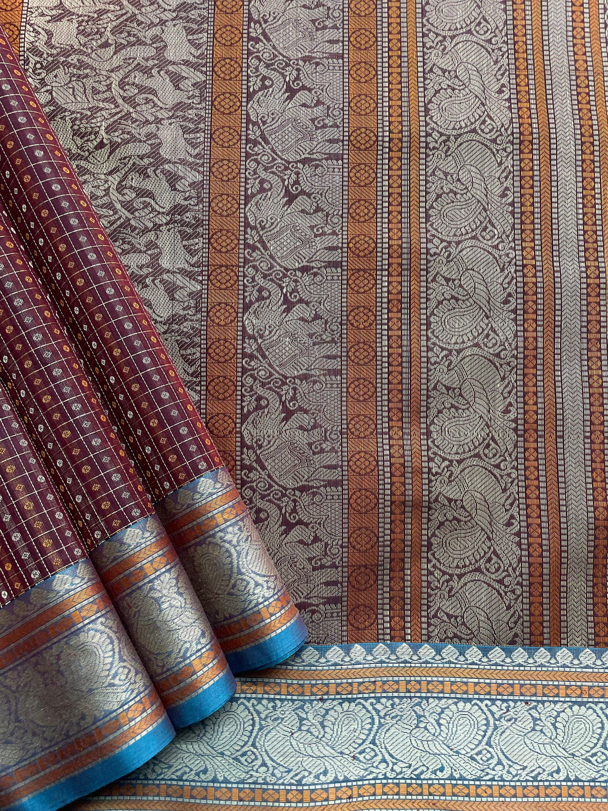 Deep Burgundy Lakshadeepam Handloom Kanchi Cotton Saree with Teal Blue Border