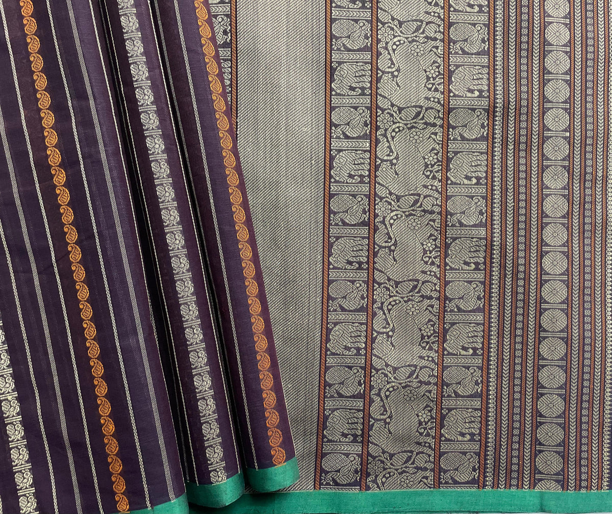 Deep Burgundy Stripes Handloom Kanchi Cotton Saree