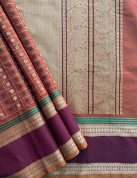 Brown 1000 Butta (Aayiram Putta) Handloom Kanchi Cotton Saree with floral motifs