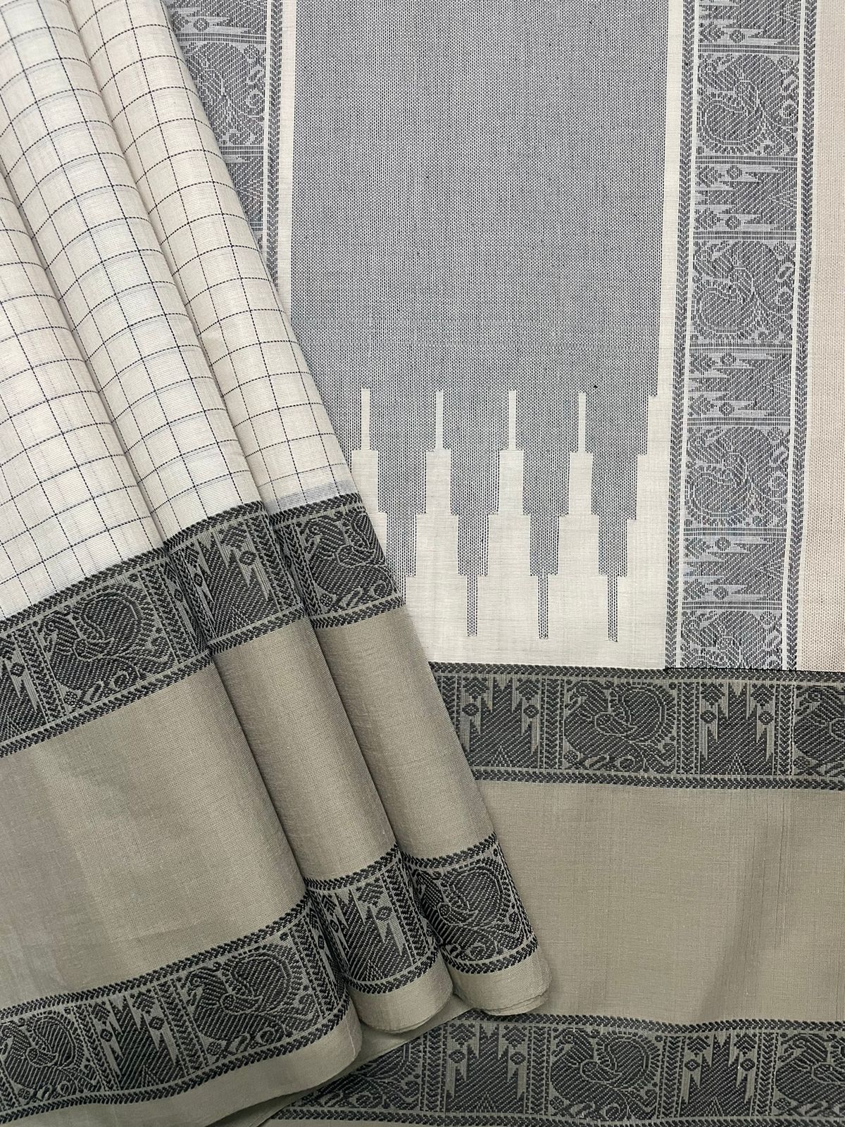 Off White Handloom Kanchi Cotton Saree with checks