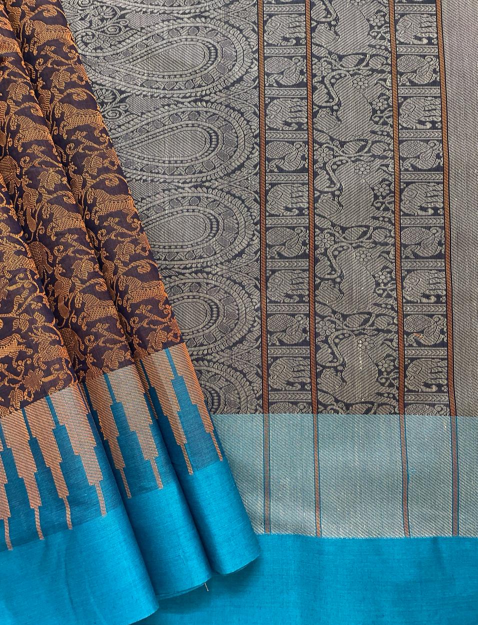 Deep Brown Vanasingaram Kanchi Cotton Saree with Blue Border