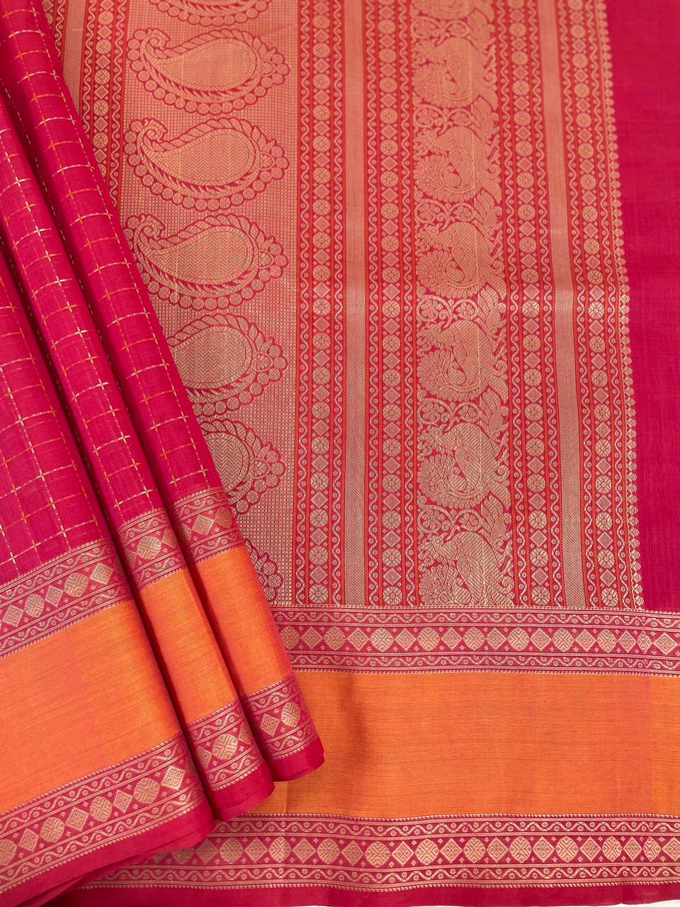 Pink & Red Dual Tone Handloom Kanchi Cotton Saree
