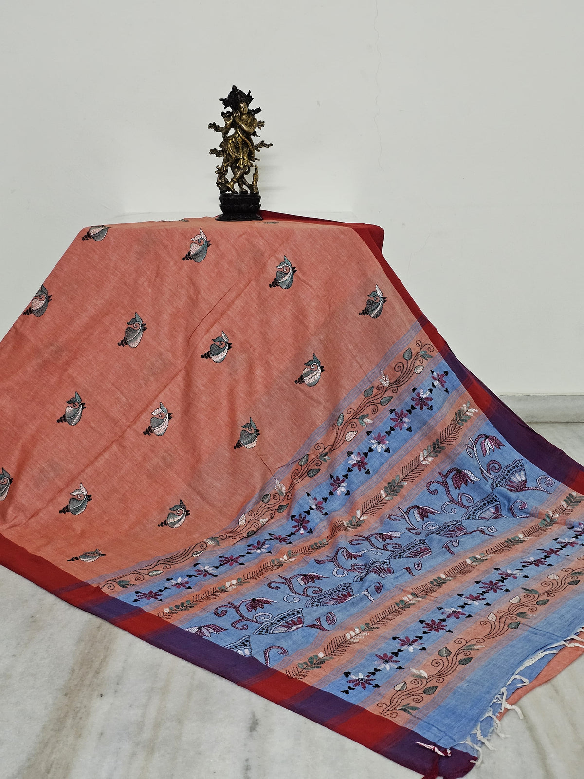 Peach Handloom Kantha Cotton Saree