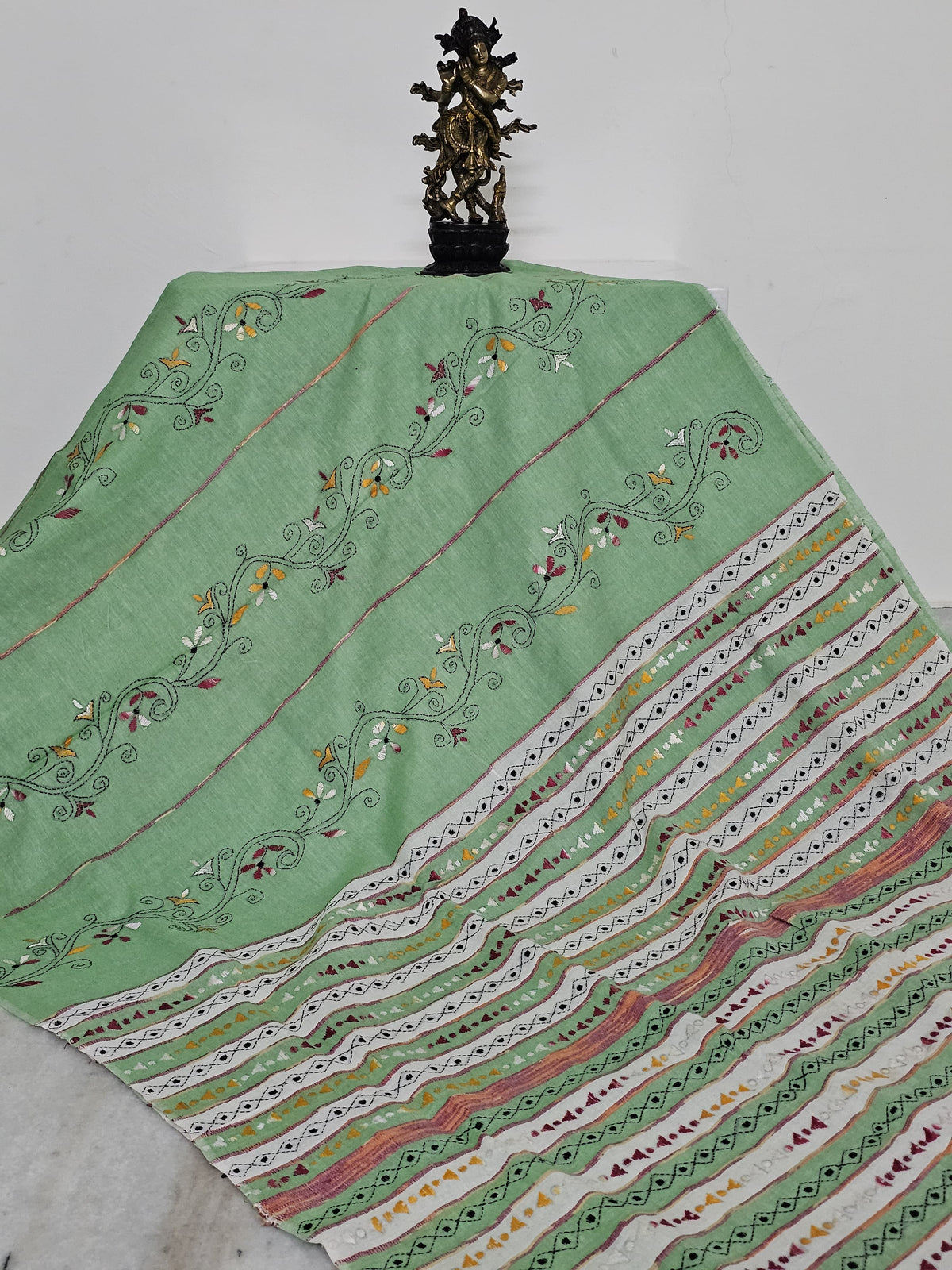 Pista Green Handloom Kesh Kantha Cotton Saree