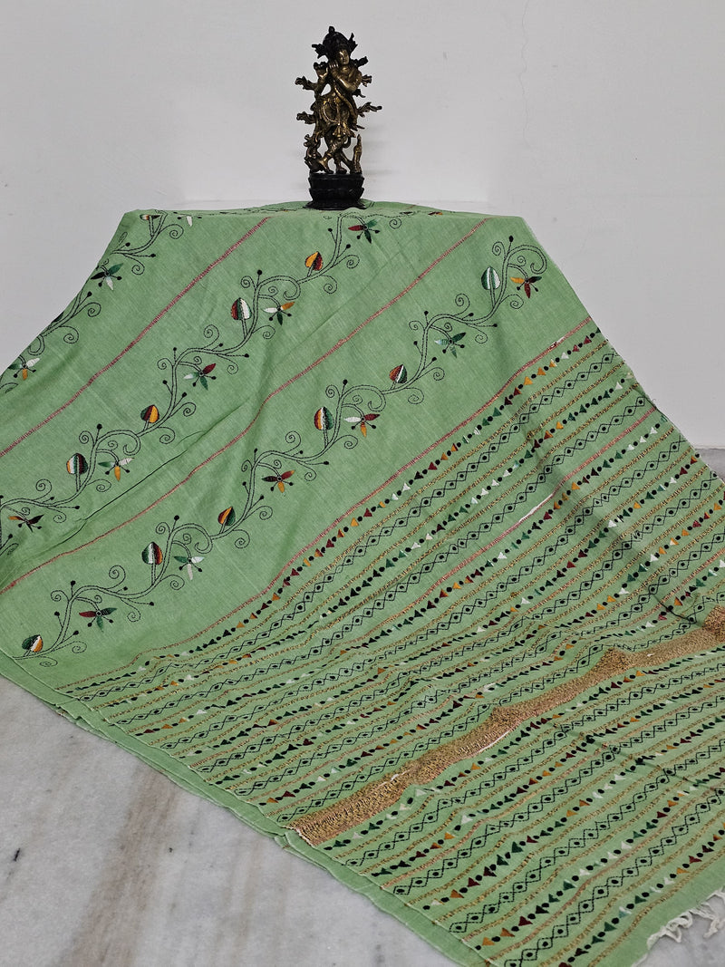 Pista Green Handloom Kesh Kantha Cotton Saree