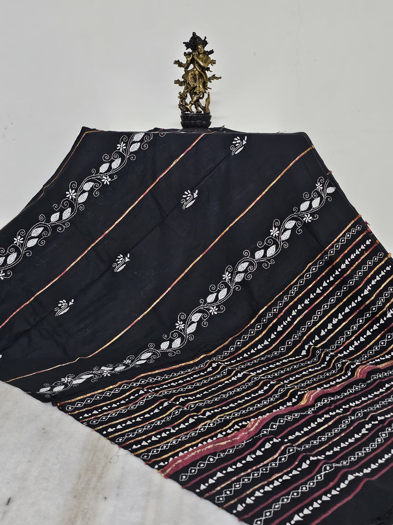 Black Handloom Kesh Kantha Cotton Saree
