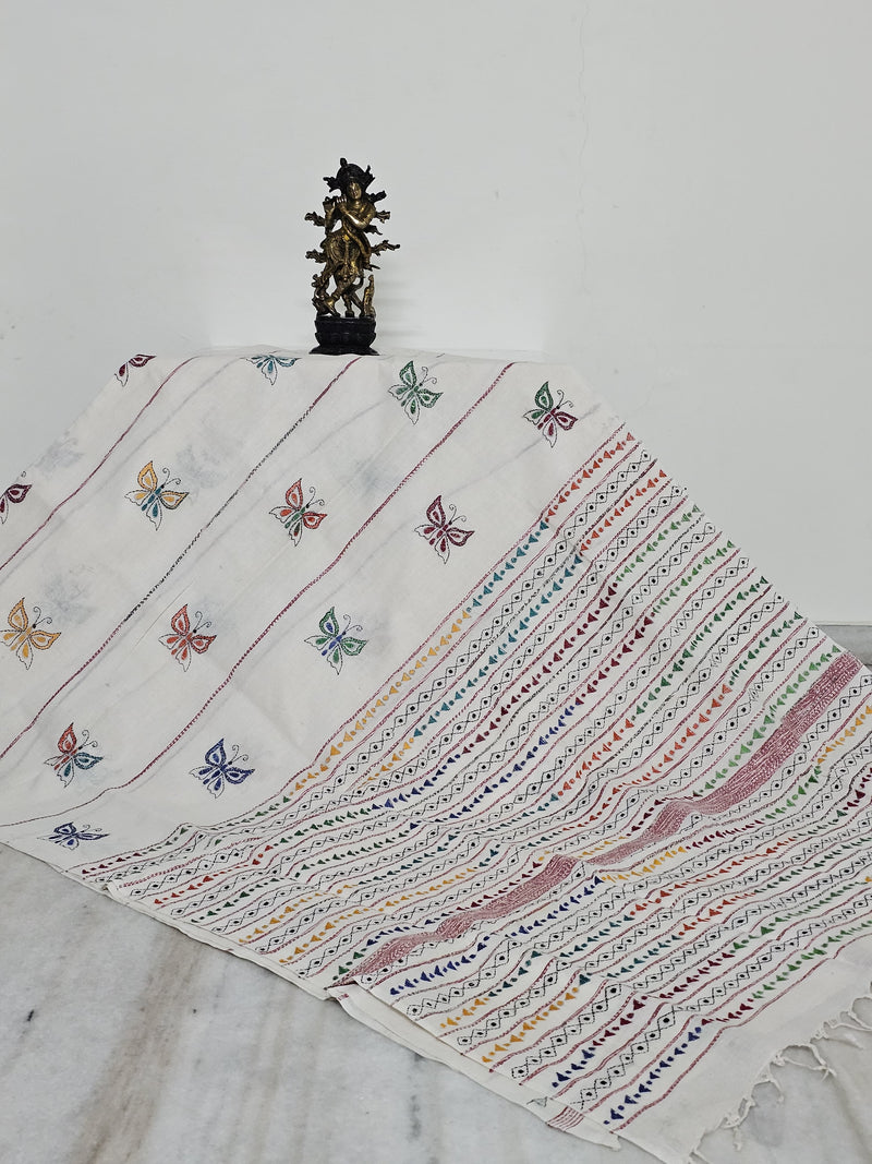 White Handloom Kesh Kantha Cotton Saree