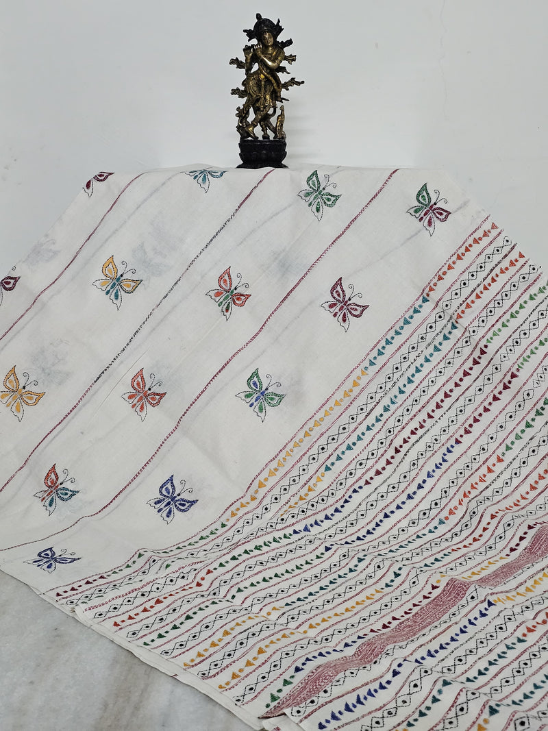 White Handloom Kesh Kantha Cotton Saree