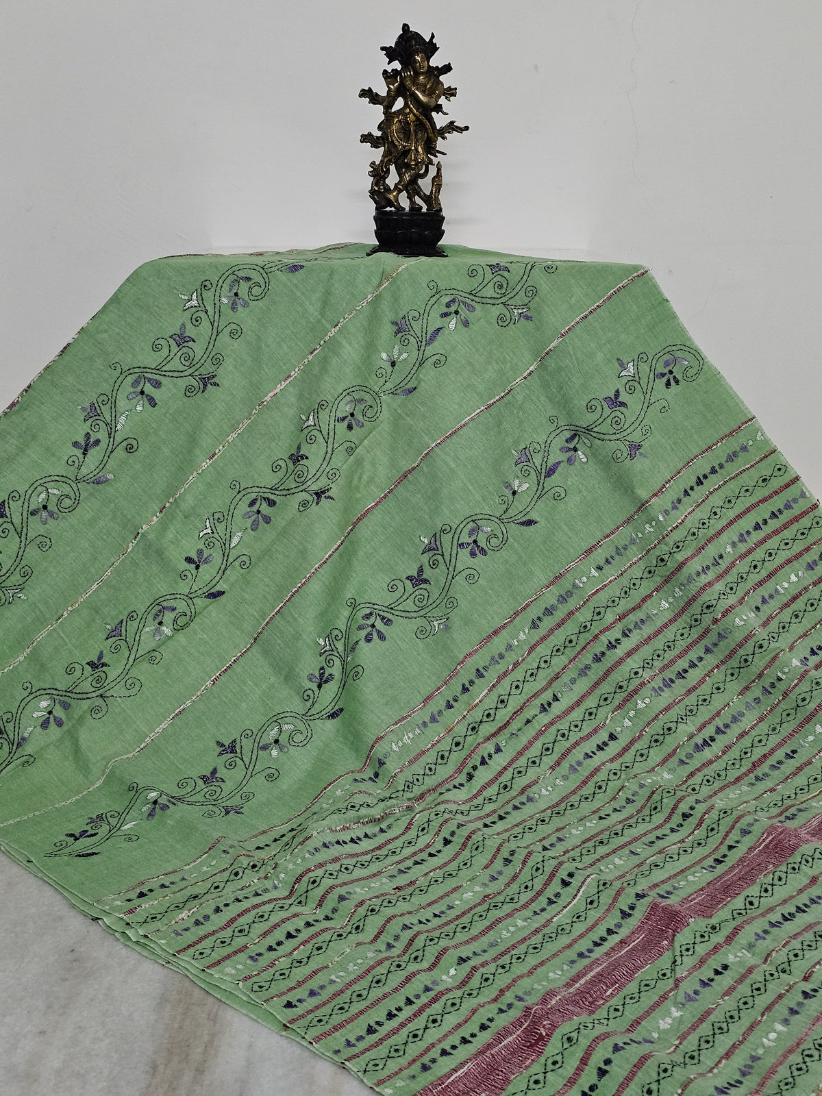 Pista Green Handloom Kesh Kantha Cotton Saree