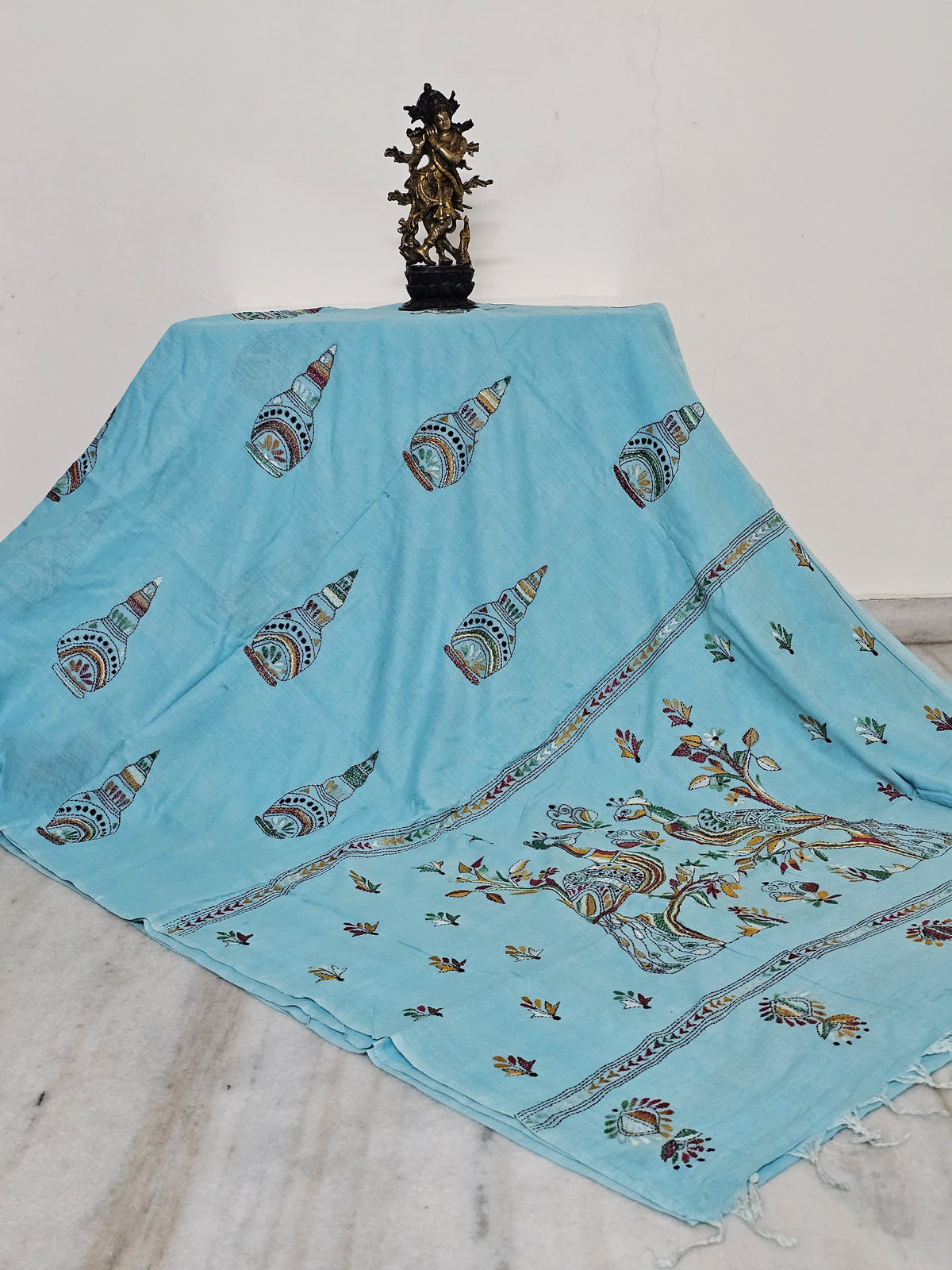Blue Handloom Kantha Cotton Saree