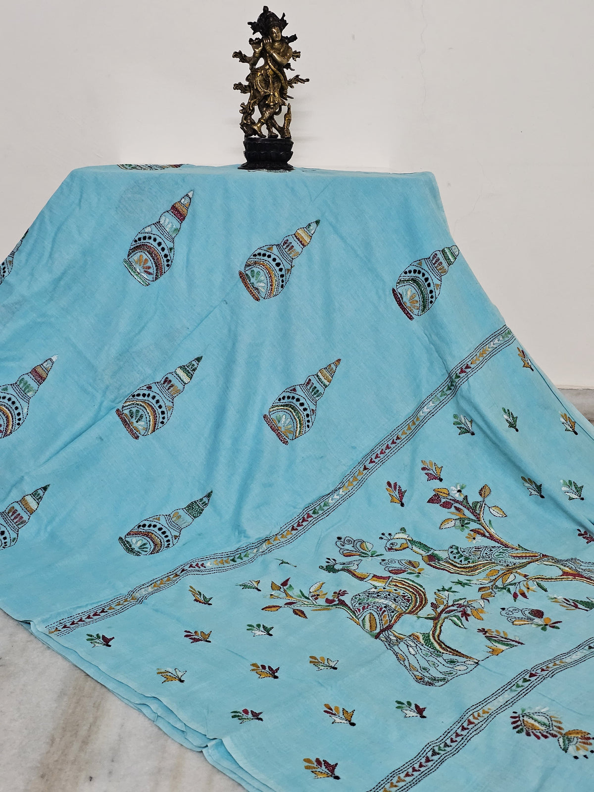 Blue Handloom Kantha Cotton Saree
