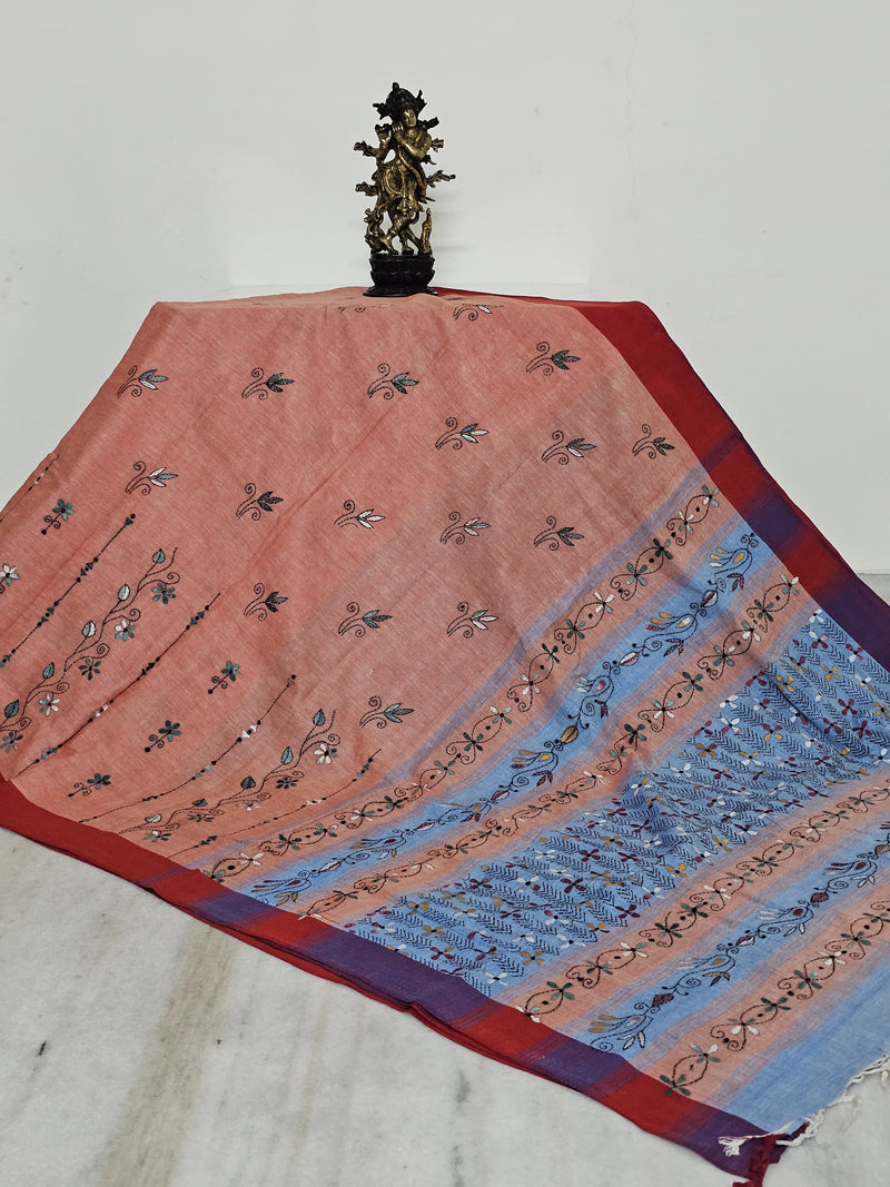Peach Handloom Kantha Cotton Saree