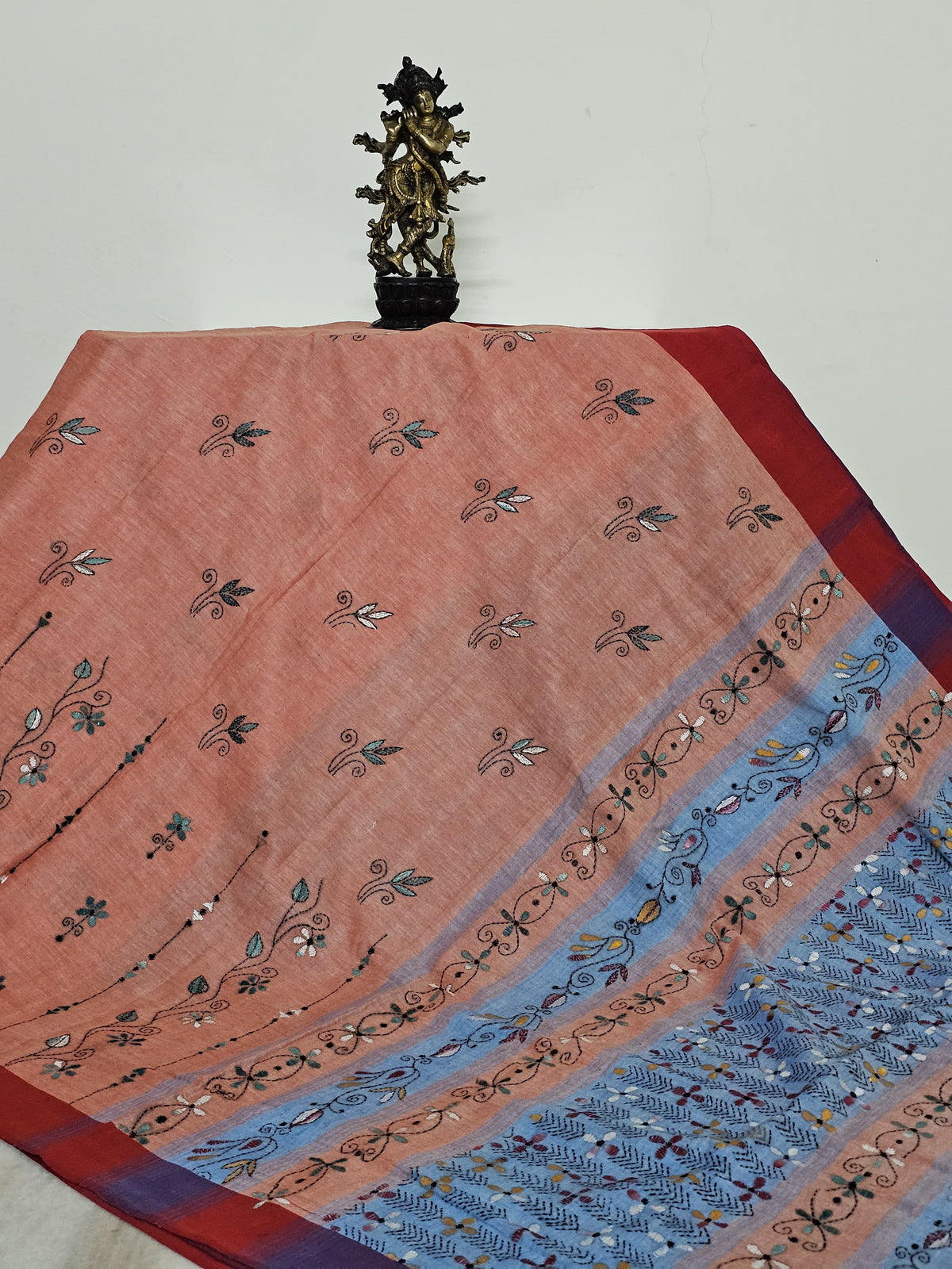 Peach Handloom Kantha Cotton Saree