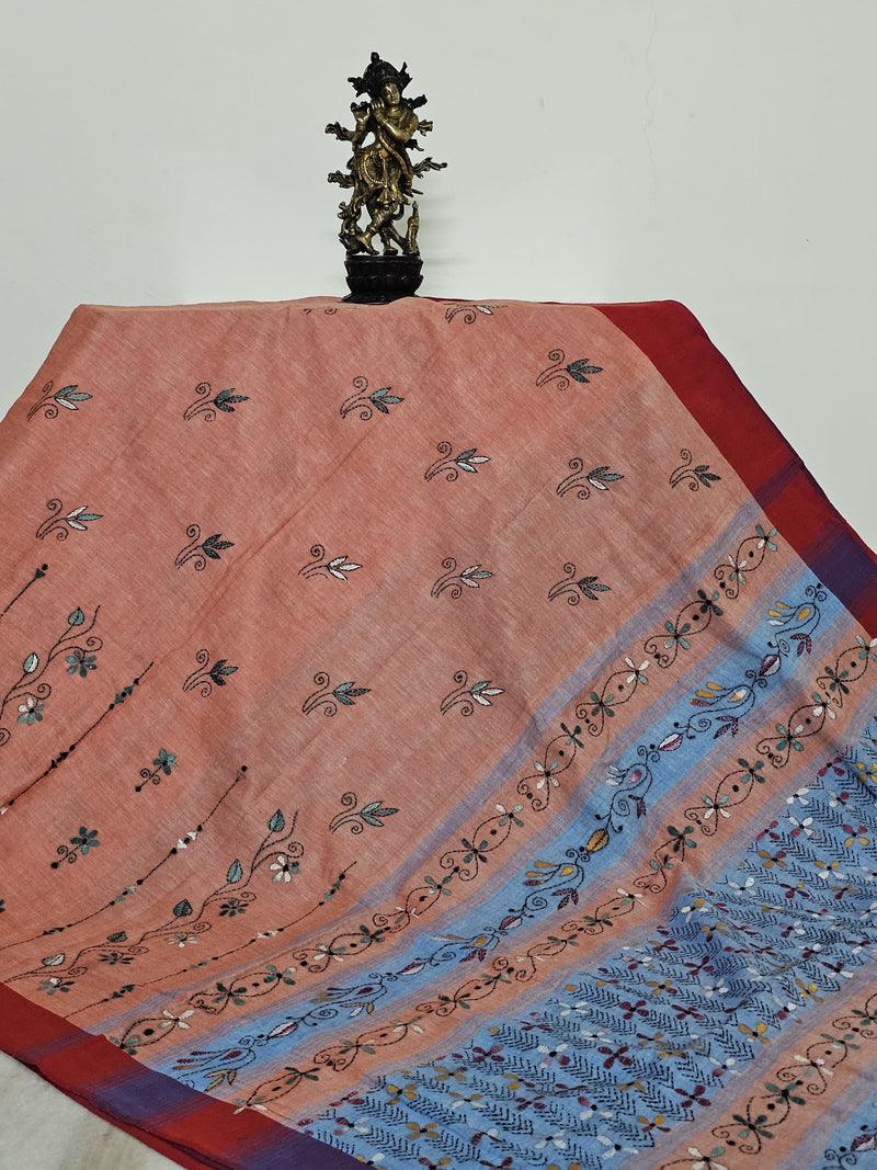 Peach Handloom Kantha Cotton Saree