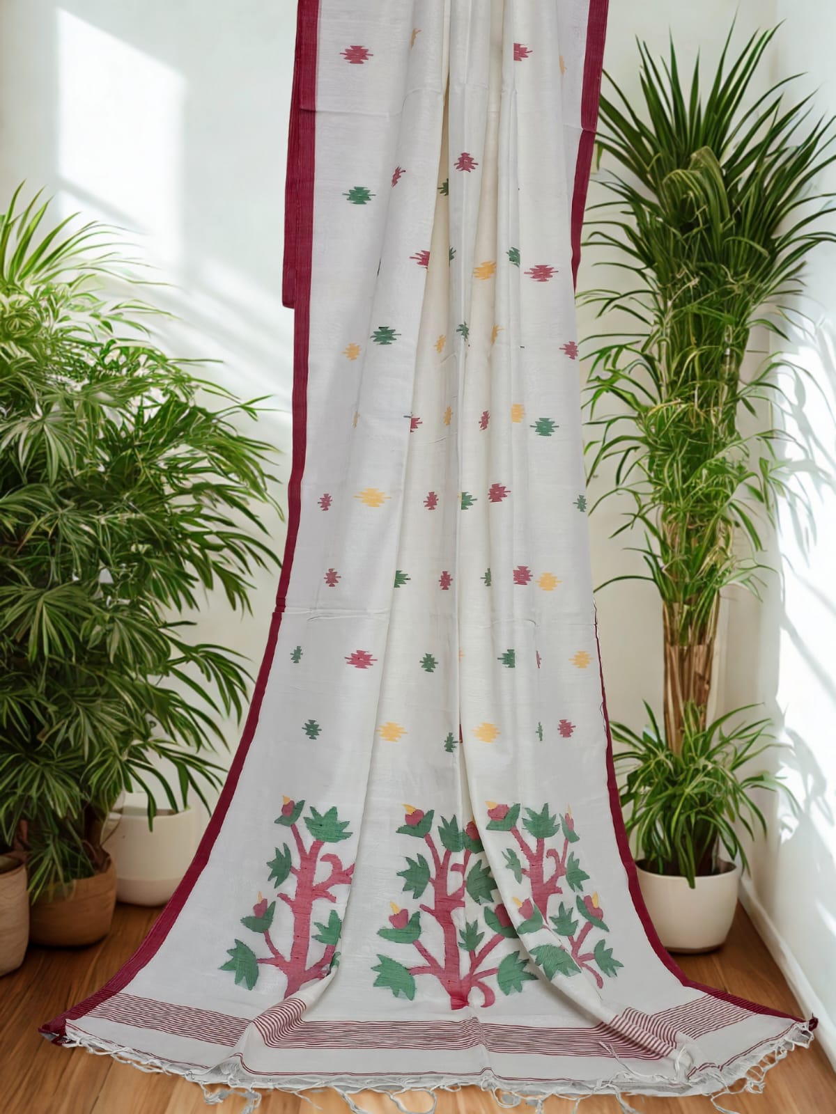 White Jamdani Bengal Cotton Saree with Red Border and Contrast Motifs