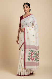 White Jamdani Bengal Cotton Saree with Red Border and Contrast Motifs