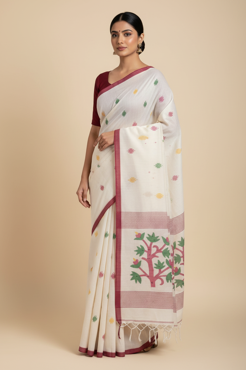 White Jamdani Bengal Cotton Saree with Red Border and Contrast Motifs