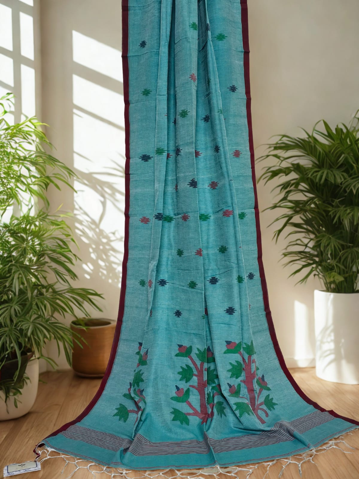 Turquoise Jamdani Bengal Cotton Saree with Red Border and Contrast Motifs
