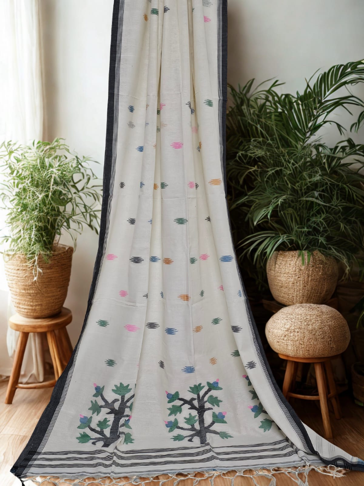 White Jamdani Bengal Cotton Saree with Black Border and Contrast Motifs