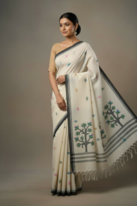 White Jamdani Bengal Cotton Saree with Black Border and Contrast Motifs