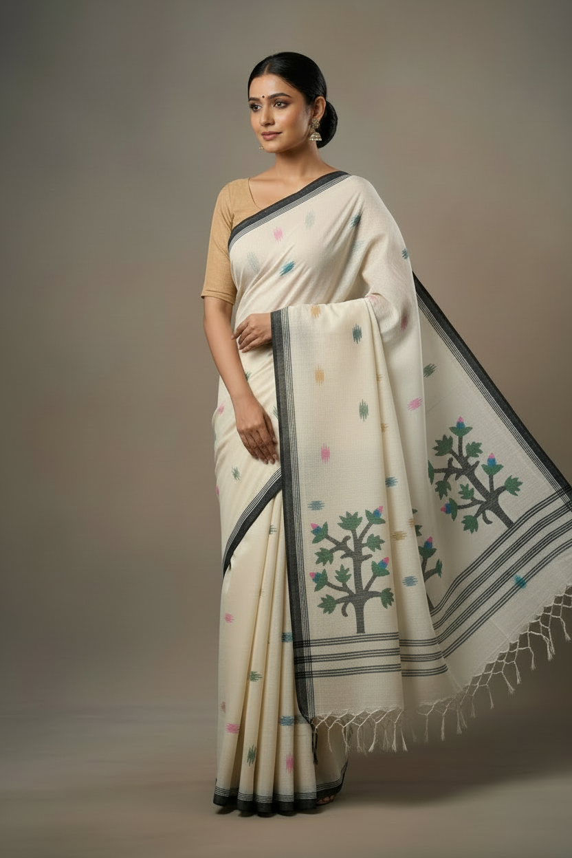 White Jamdani Bengal Cotton Saree with Black Border and Contrast Motifs