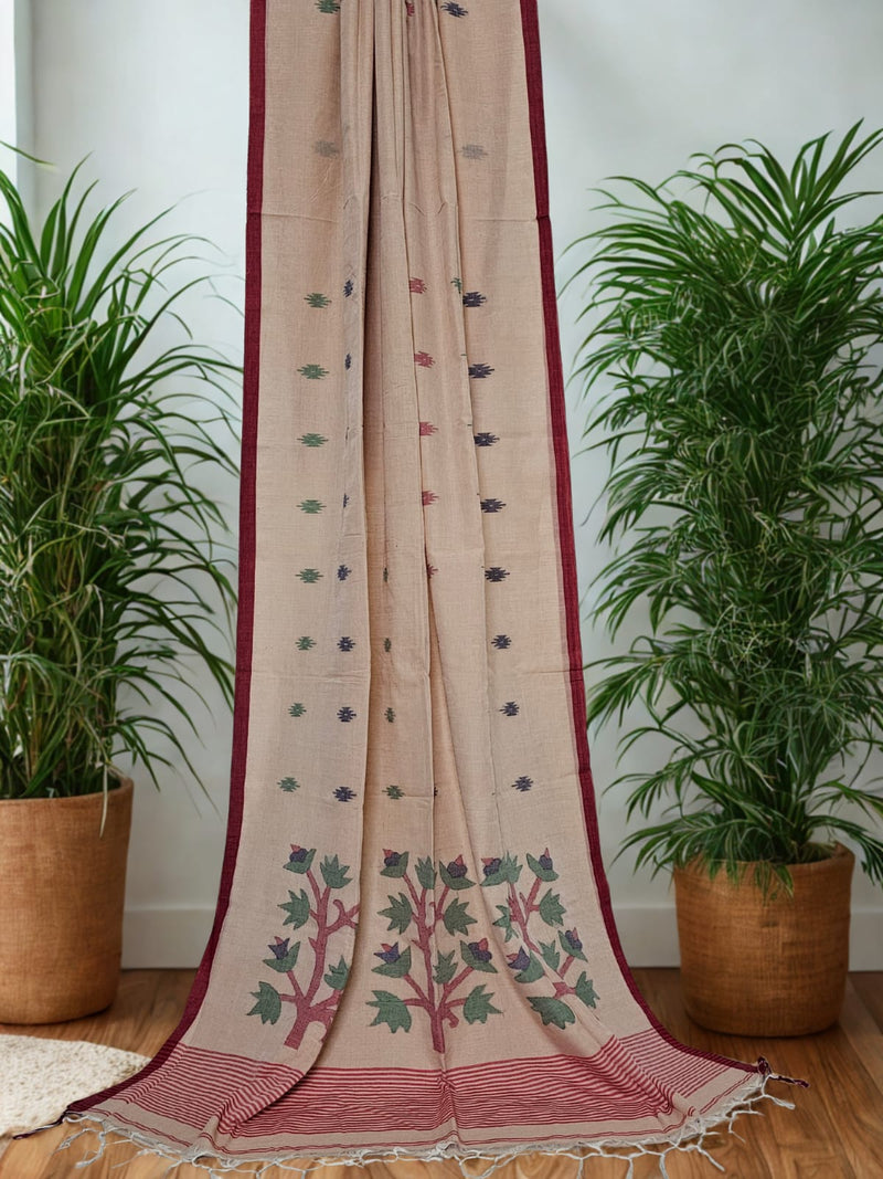Light Salmon Pink Jamdani Bengal Cotton Saree with Red Border and Contrast Motifs