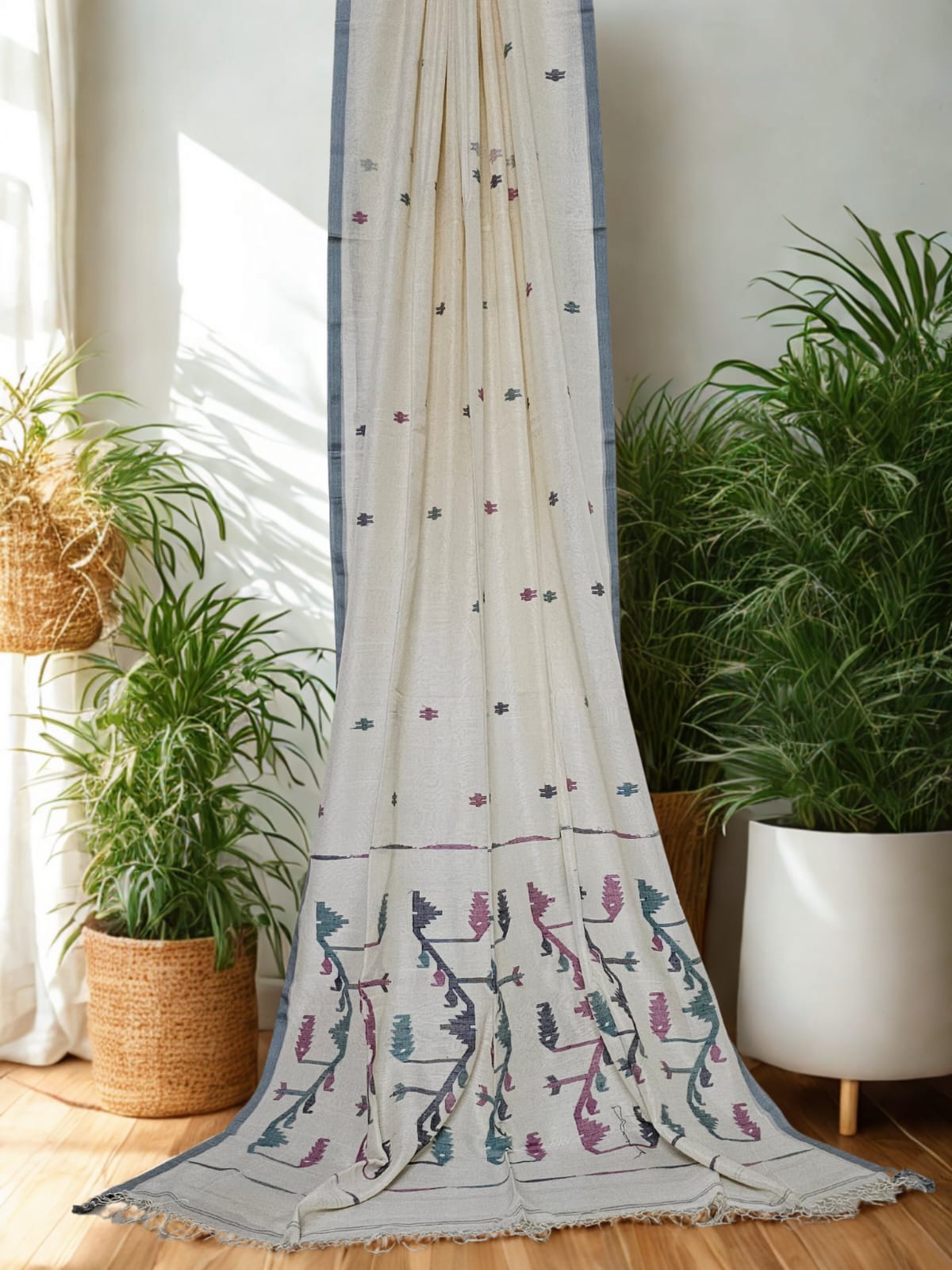 Off White Jamdani Bengal Cotton Saree with Grey Border and Contrast Motifs