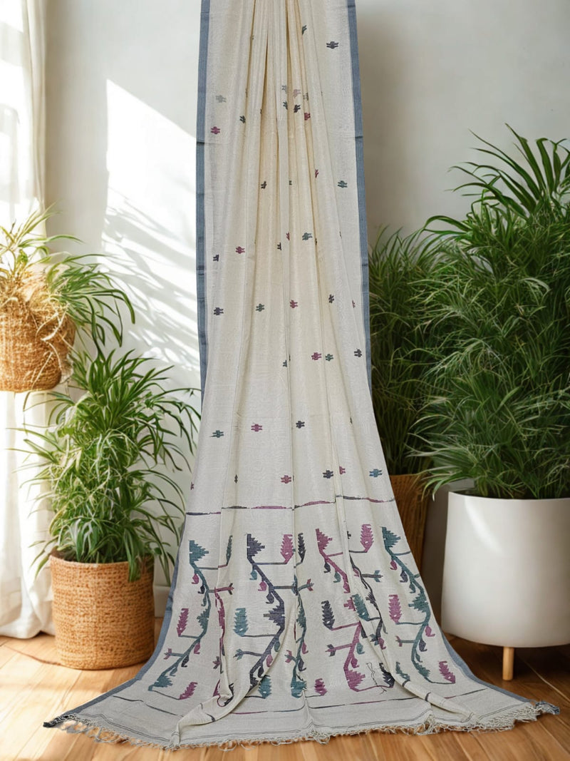 Off White Jamdani Bengal Cotton Saree with Grey Border and Contrast Motifs
