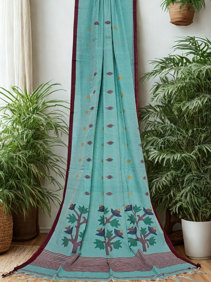 Turquoise Jamdani Bengal Cotton Saree with Red Border and Contrast Motifs