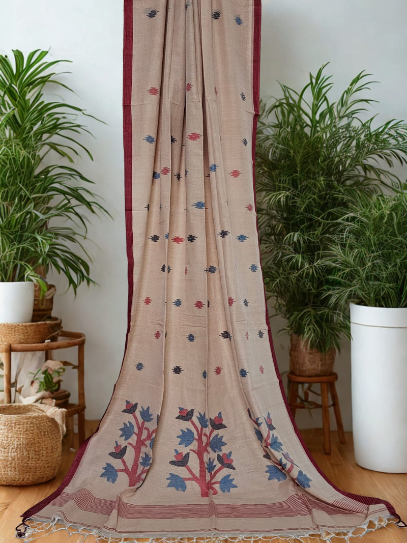 Light Salmon Pink Jamdani Bengal Cotton Saree with Red Border and Contrast Motifs