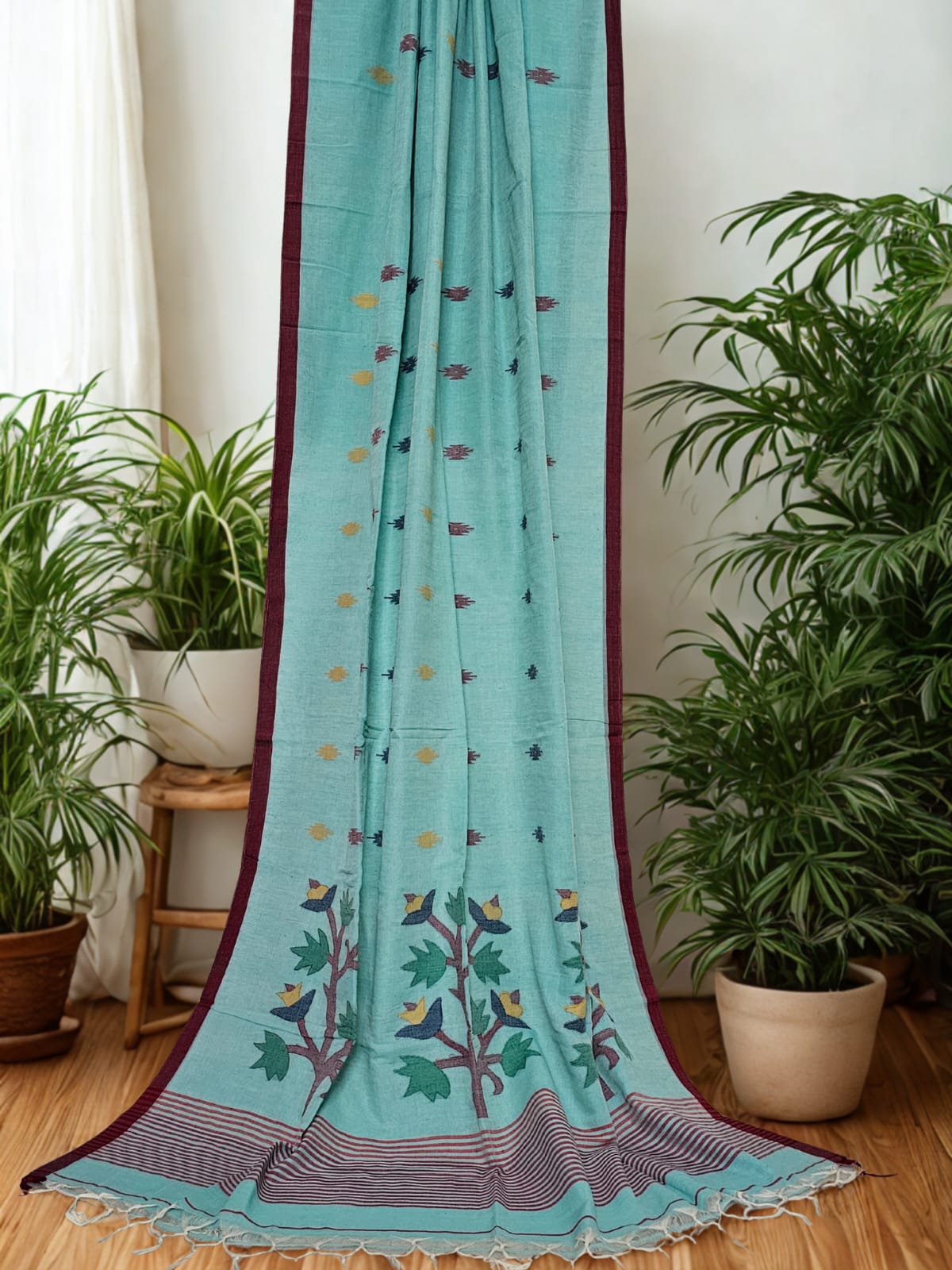 Turquoise Jamdani Bengal Cotton Saree with Red Border and Contrast Motifs
