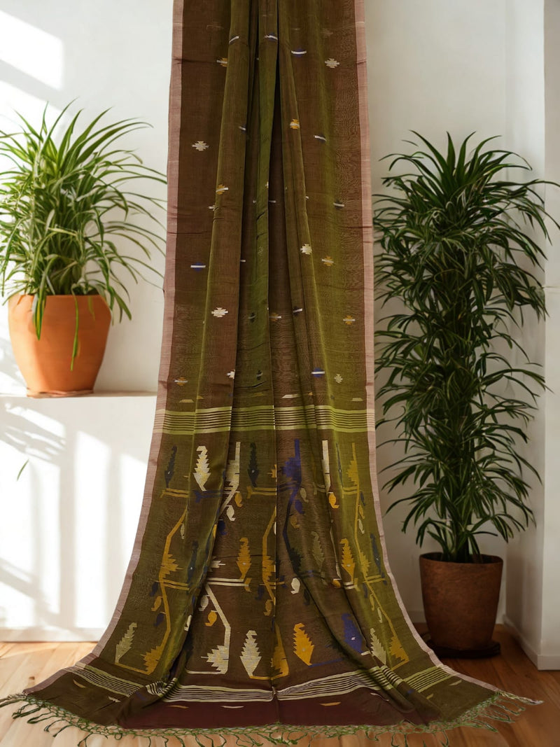 Brown Jamdani Bengal Cotton Saree with Black Border and Contrast Motifs