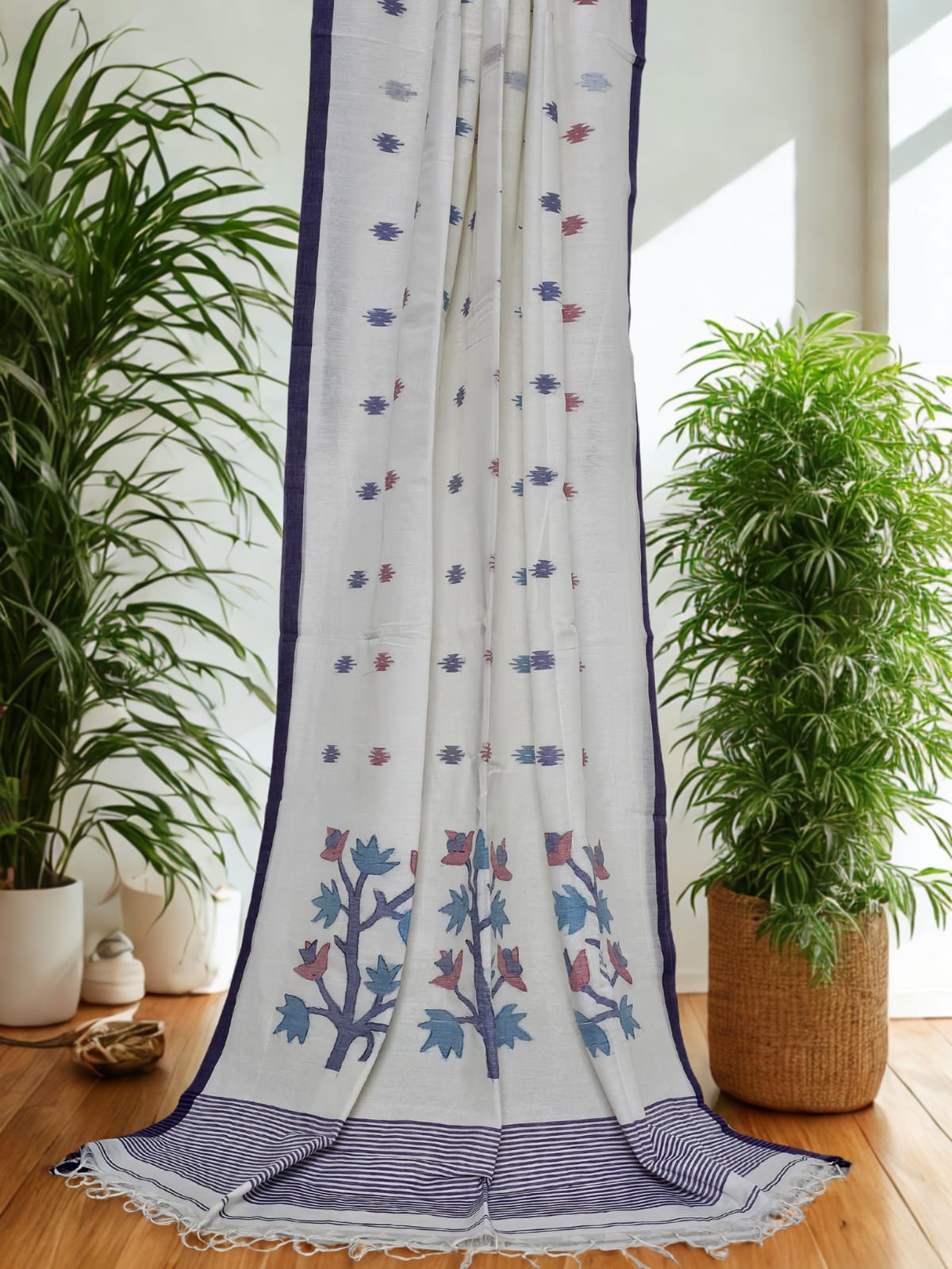 White Jamdani Bengal Cotton Saree with Voilet Border and Contrast Motifs