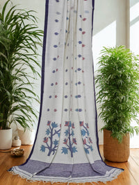 White Jamdani Bengal Cotton Saree with Voilet Border and Contrast Motifs