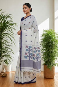 White Jamdani Bengal Cotton Saree with Voilet Border and Contrast Motifs