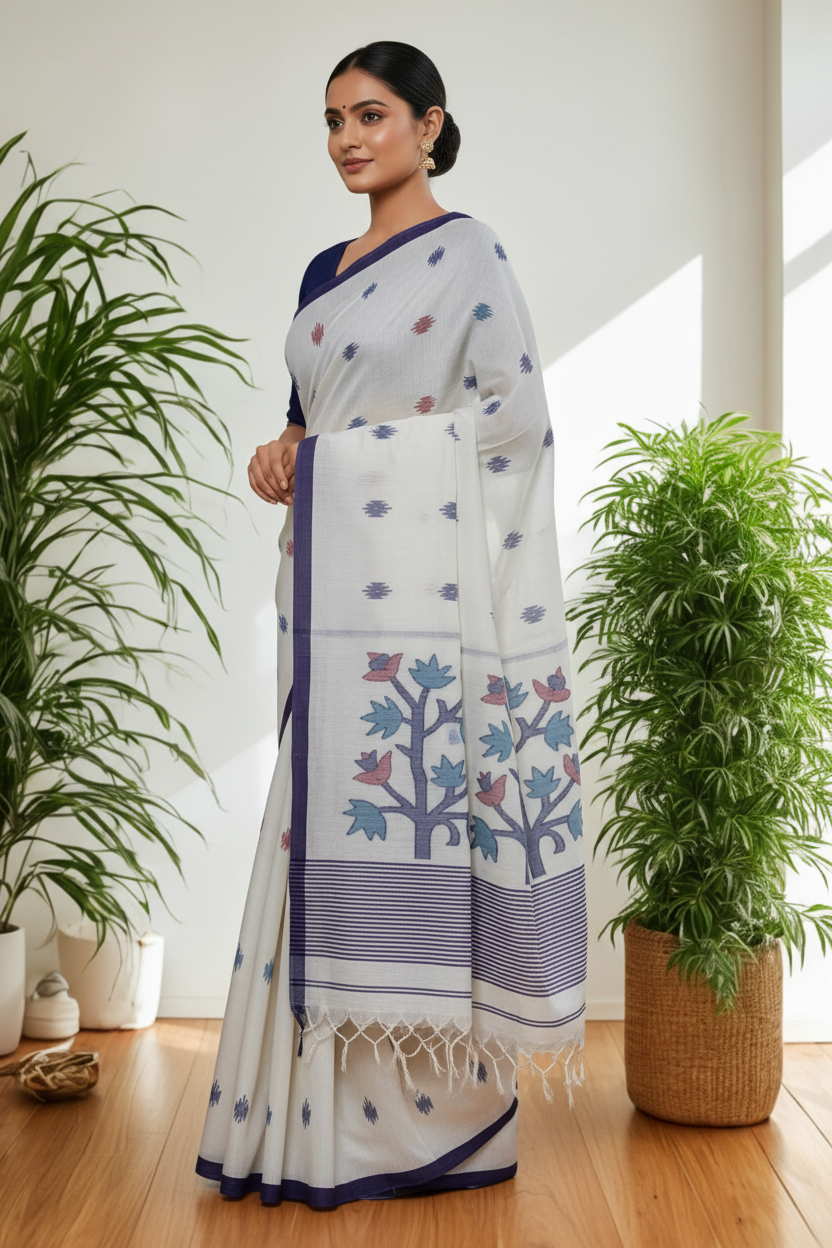White Jamdani Bengal Cotton Saree with Voilet Border and Contrast Motifs
