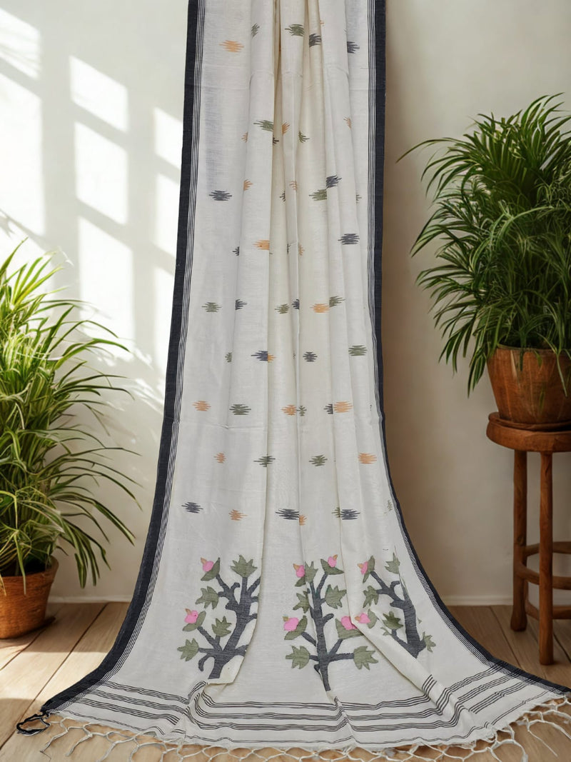 White Jamdani Bengal Cotton Saree with Black Border and Contrast Motifs