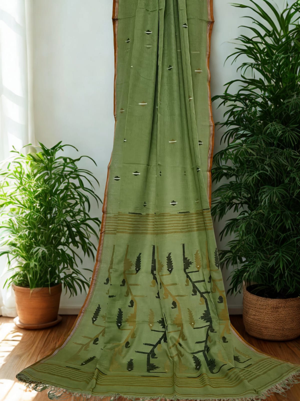 Light Mehendi Green Jamdani Bengal Cotton Saree with Fire Yellow Border and Contrast Motifs