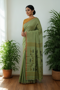 Light Mehendi Green Jamdani Bengal Cotton Saree with Fire Yellow Border and Contrast Motifs