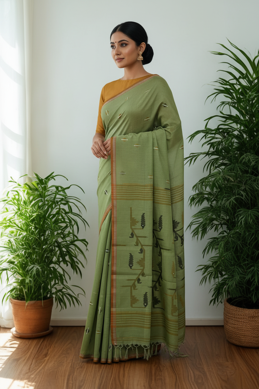 Light Mehendi Green Jamdani Bengal Cotton Saree with Fire Yellow Border and Contrast Motifs